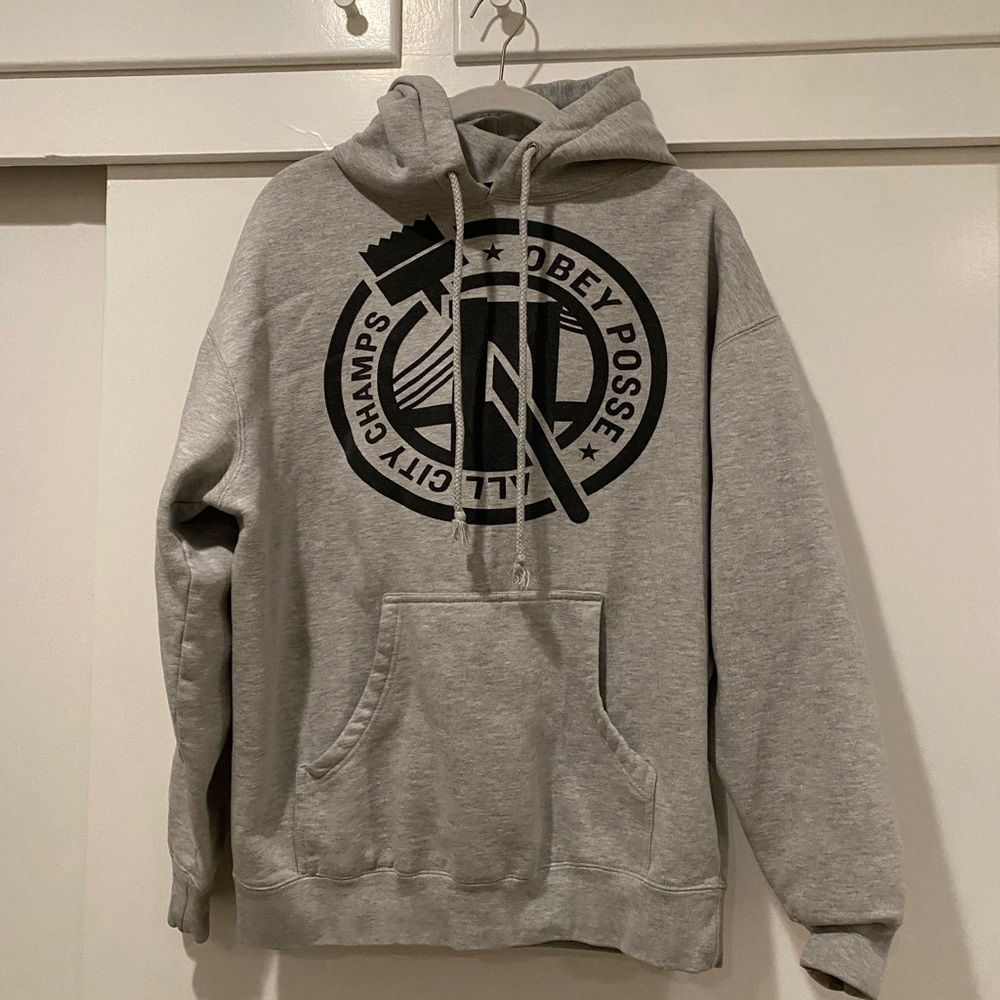 Gray Oversized Obey Posse All City Champs Hoodie Hooded Sweater Sweatshirt Small